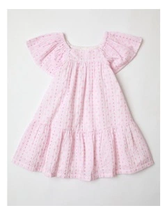 Ava Embroidered Woven Volume Dress in Pink