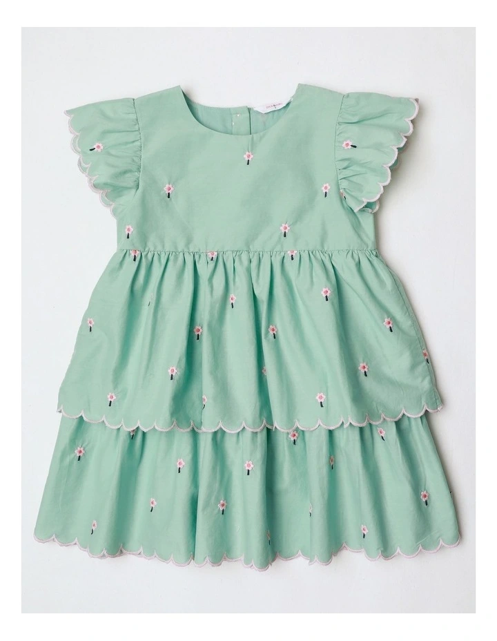 Lily Woven Tiered Dress With Scallop Edges And Daisy Embroidery In Light Green image 1