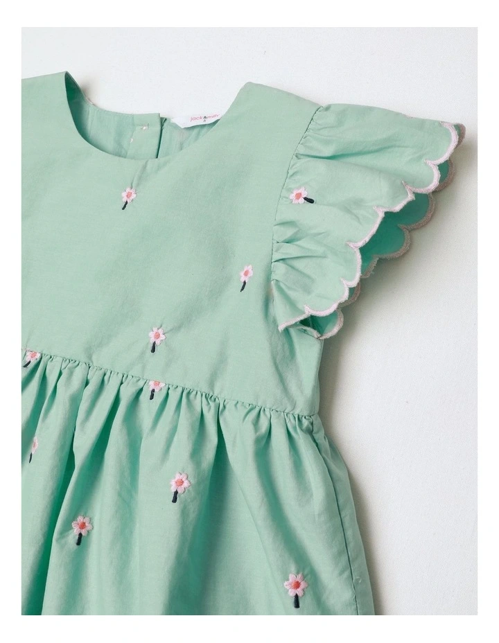 Lily Woven Tiered Dress With Scallop Edges And Daisy Embroidery In Light Green image 2