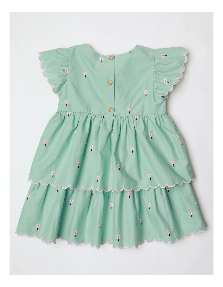 Lily Woven Tiered Dress With Scallop Edges And Daisy Embroidery In Light Green image 3