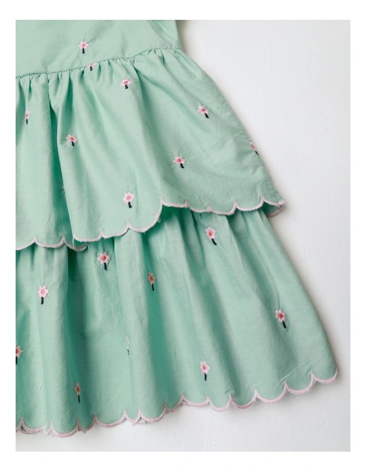 Lily Woven Tiered Dress With Scallop Edges And Daisy Embroidery In Light Green image 4