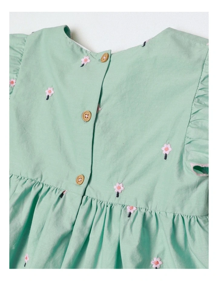 Lily Woven Tiered Dress With Scallop Edges And Daisy Embroidery In Light Green image 5