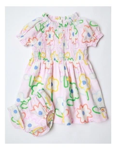 Tess Cotton Linen Dress With Wide Shirring Sketchy in Daisy Pink