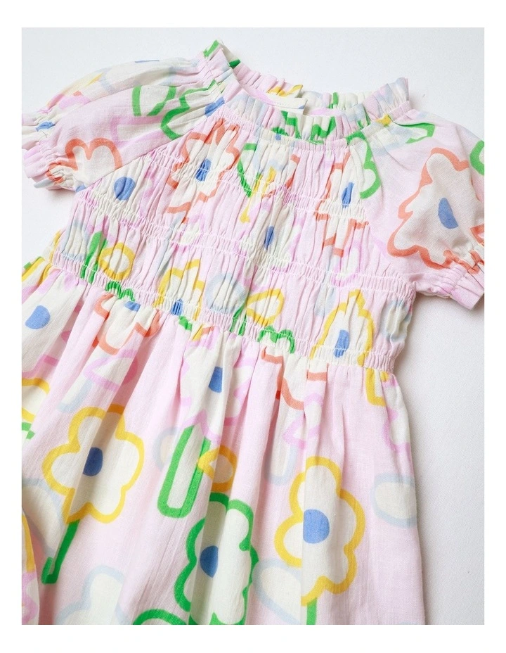Tess Cotton Linen Dress With Wide Shirring Sketchy in Daisy Pink image 2