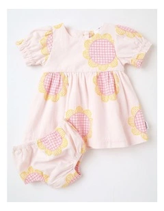 Charlotte Cotton Crepe Dress wth Embroidered Sunflowers in Light Pink