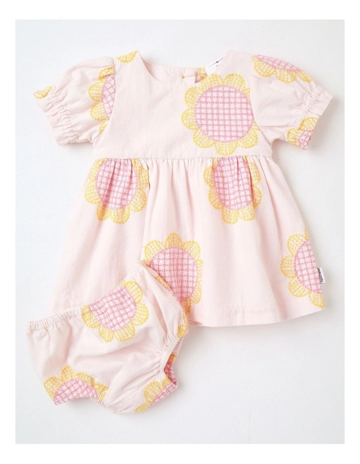 Charlotte Cotton Crepe Dress wth Embroidered Sunflowers in Light Pink image 1