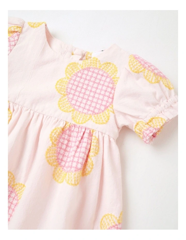 Charlotte Cotton Crepe Dress wth Embroidered Sunflowers in Light Pink image 2