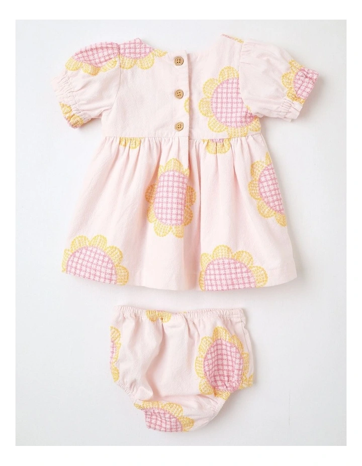 Charlotte Cotton Crepe Dress wth Embroidered Sunflowers in Light Pink image 3