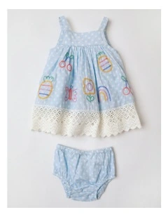 Pearl Woven Dress with Lace Trim and Embroidery in Light Blue