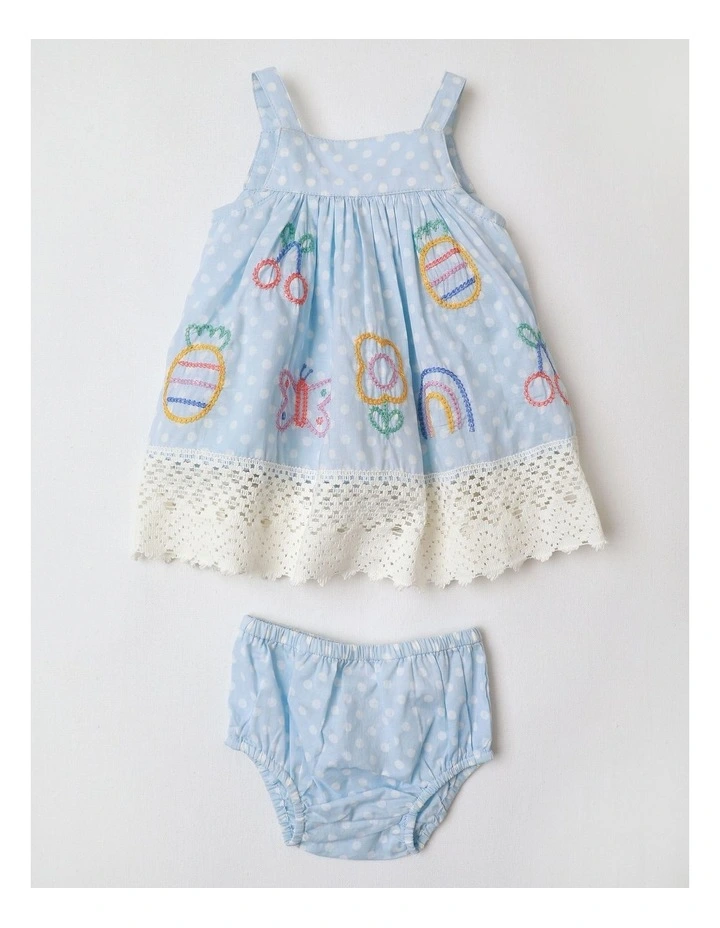 Pearl Woven Dress with Lace Trim and Embroidery in Light Blue image 1