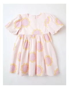 Sophie Woven Dress Cotton Crepe with Embroidered Sunflowers in Light Pink