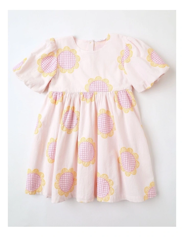 Sophie Woven Dress Cotton Crepe with Embroidered Sunflowers in Light Pink image 1