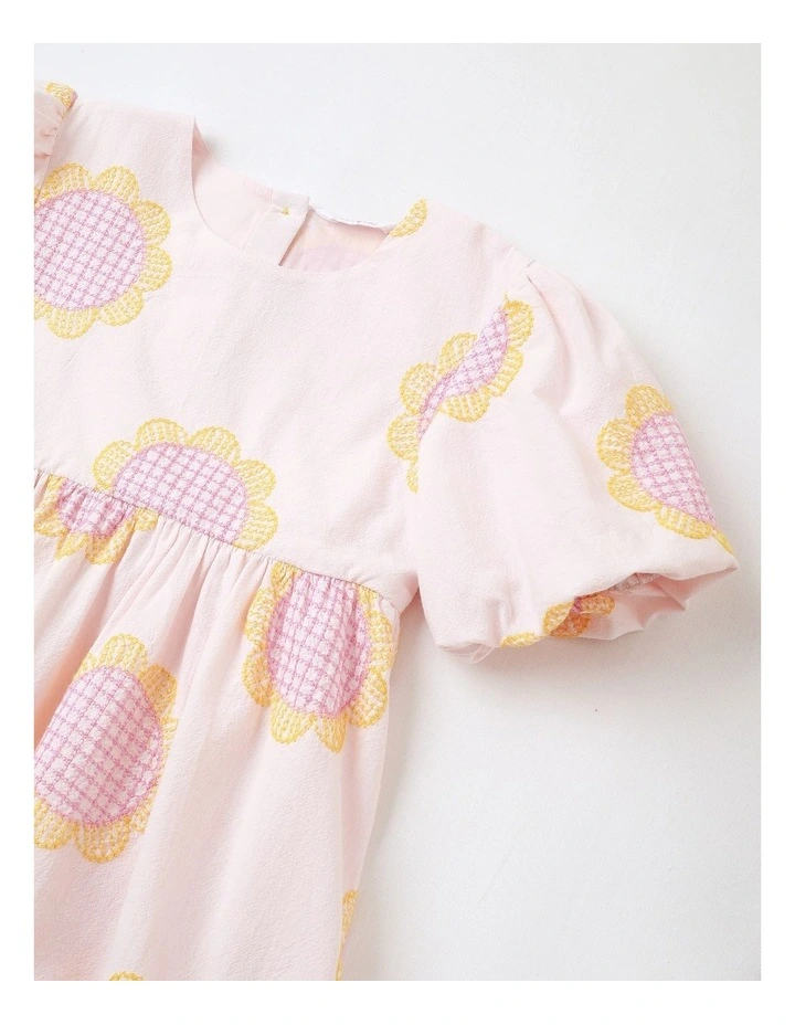Sophie Woven Dress Cotton Crepe with Embroidered Sunflowers in Light Pink image 2