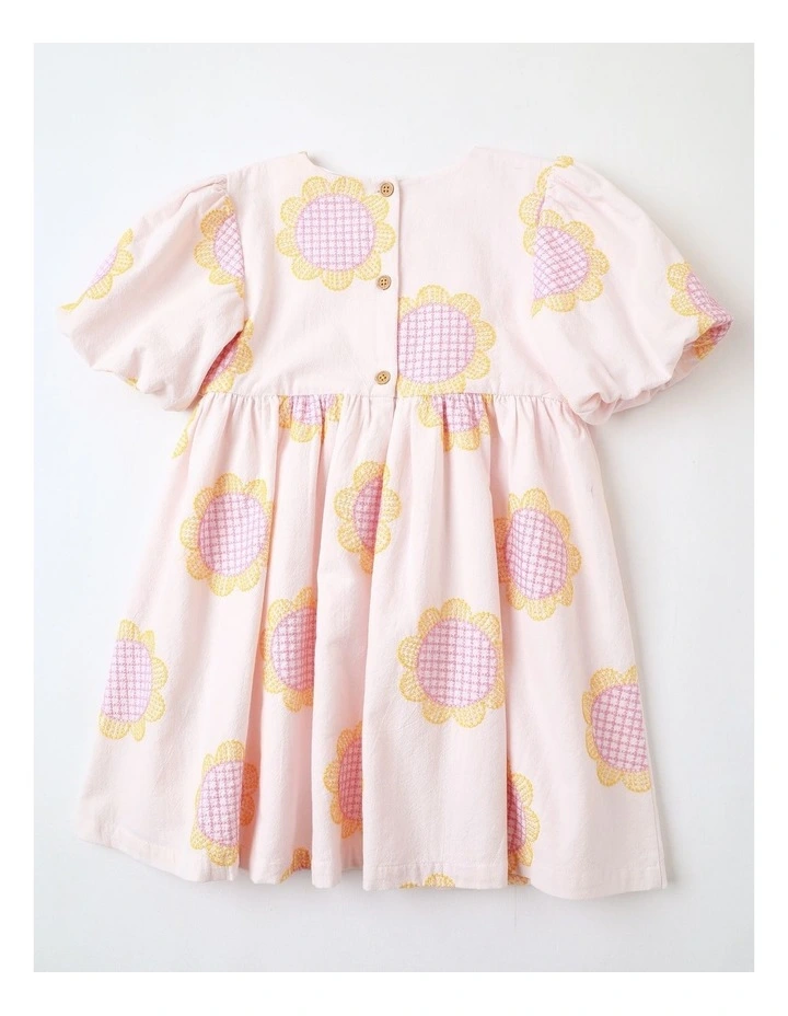 Sophie Woven Dress Cotton Crepe with Embroidered Sunflowers in Light Pink image 3