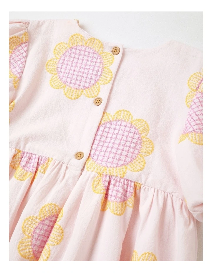 Sophie Woven Dress Cotton Crepe with Embroidered Sunflowers in Light Pink image 4