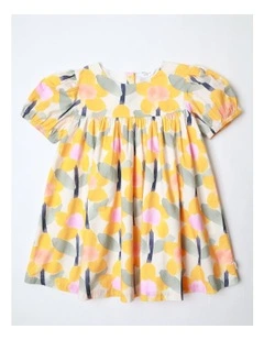 Amelia Paper Touch Woven Dress with Bubble Sleeves in Yellow
