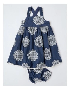 Stella Cotton Embroidery Dress with Ric Rac Trim in Navy