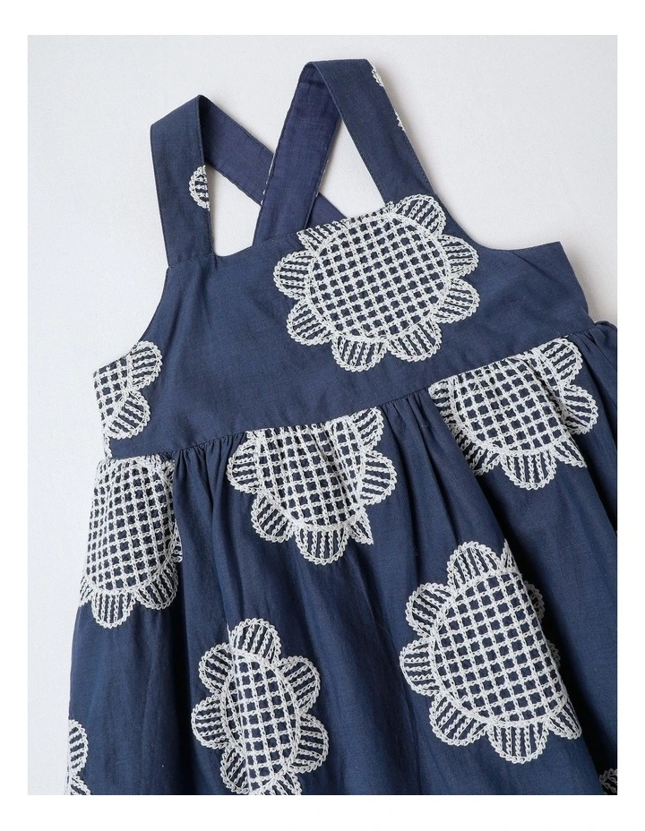 Stella Cotton Embroidery Dress with Ric Rac Trim in Navy image 2