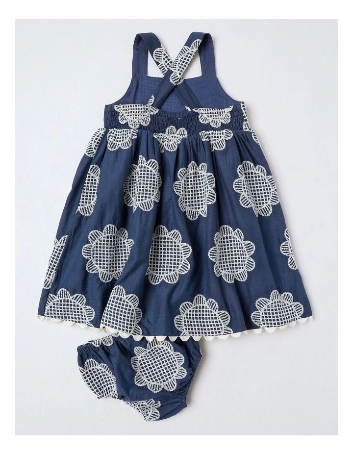 Stella Cotton Embroidery Dress with Ric Rac Trim in Navy image 3