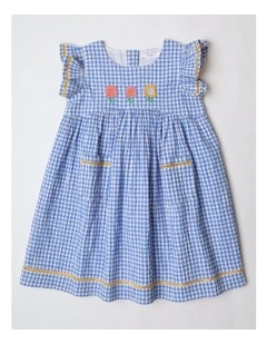 Dorothy Seersucker Flutter Sleeve Dress with Embroidery in Blue