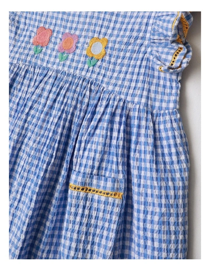 Dorothy Seersucker Flutter Sleeve Dress with Embroidery in Blue image 2
