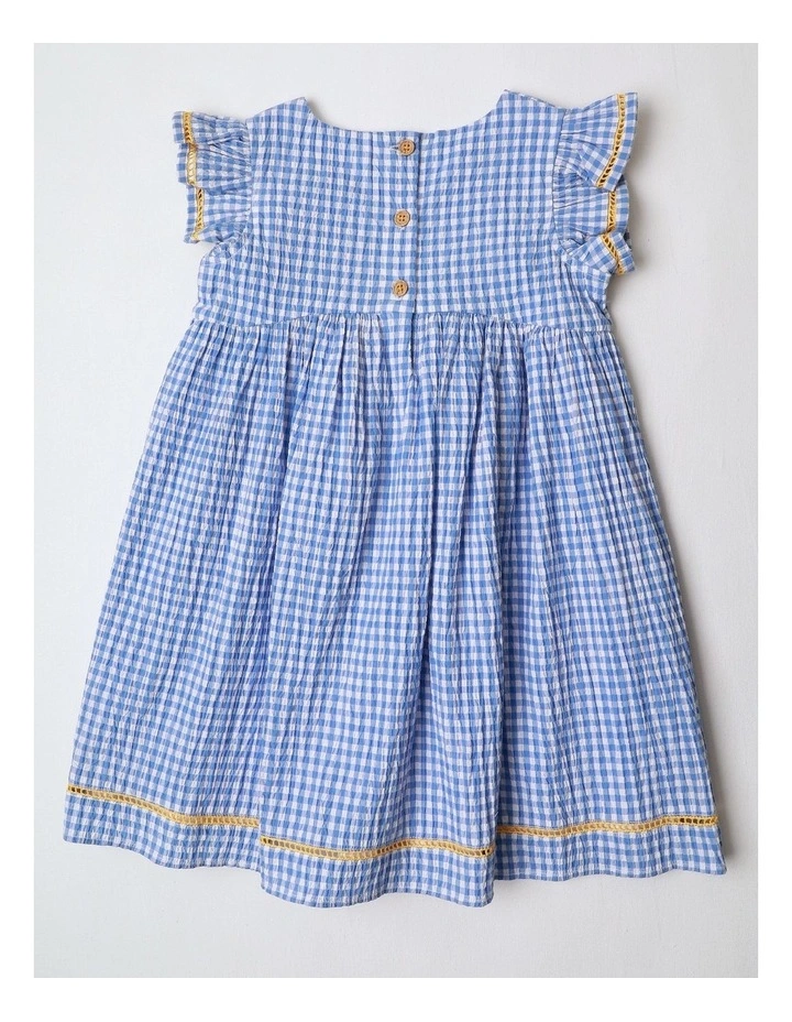 Dorothy Seersucker Flutter Sleeve Dress with Embroidery in Blue image 3