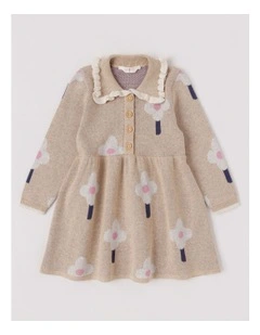 Mila Fully Fashioned Knit Dress with Frill Collar and Double Knit Daisy Jacquard in Light Brown