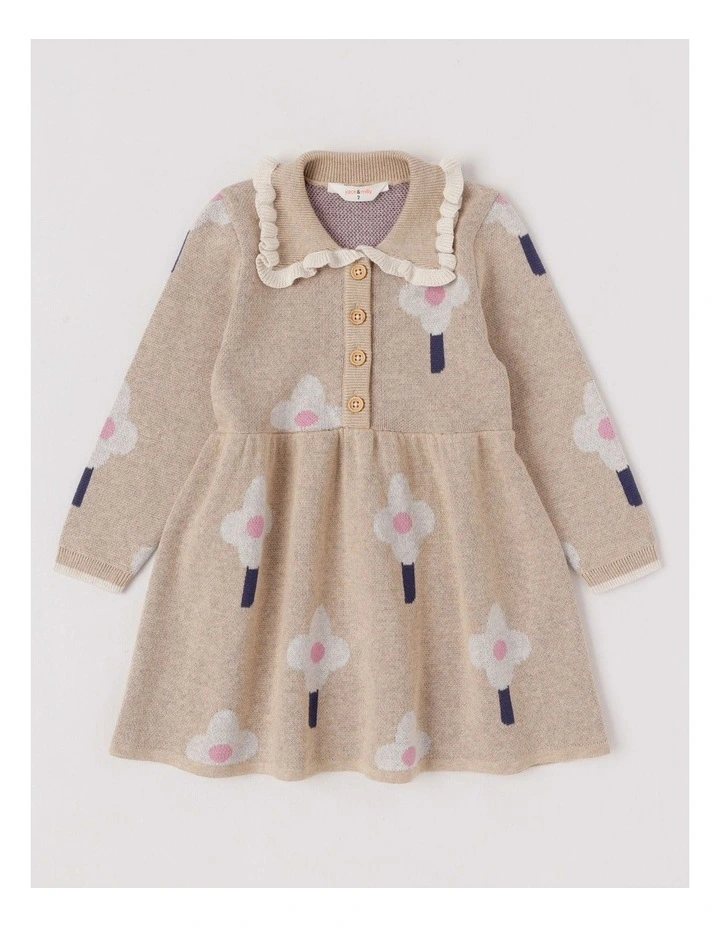 Mila Fully Fashioned Knit Dress with Frill Collar and Double Knit Daisy Jacquard in Light Brown image 1