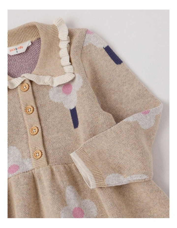 Mila Fully Fashioned Knit Dress with Frill Collar and Double Knit Daisy Jacquard in Light Brown image 2