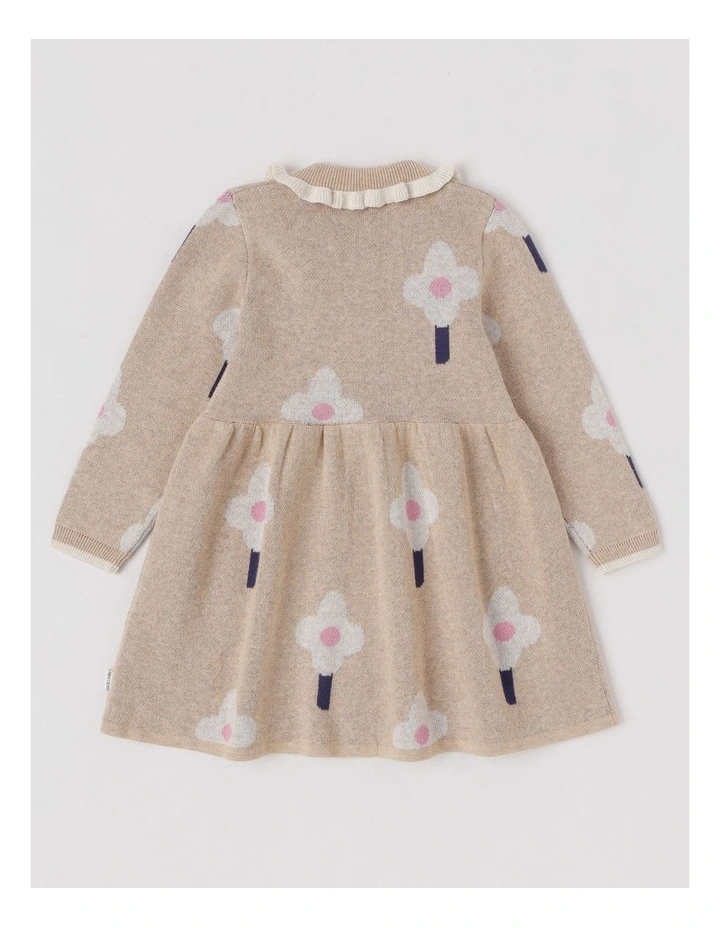 Mila Fully Fashioned Knit Dress with Frill Collar and Double Knit Daisy Jacquard in Light Brown image 3
