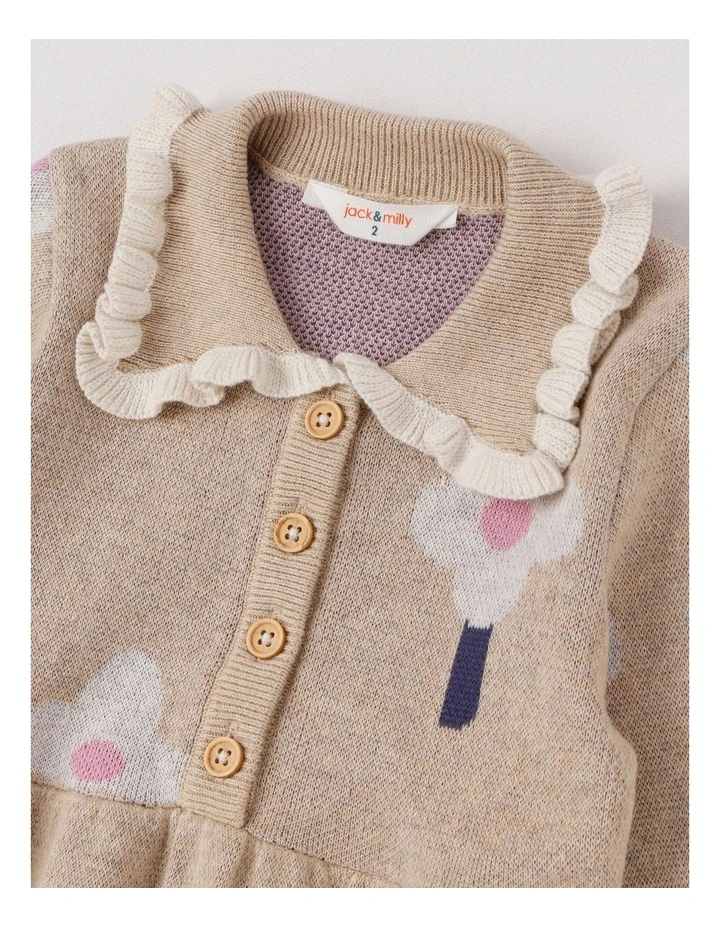 Mila Fully Fashioned Knit Dress with Frill Collar and Double Knit Daisy Jacquard in Light Brown image 4