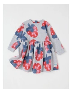 Meggie Fleece Kinder Dress with Strawberry Print in Grey Marle