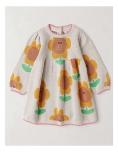 Sunny Double Knit Sunflower Jacquard Dress and Scallop Edges in Oatmeal