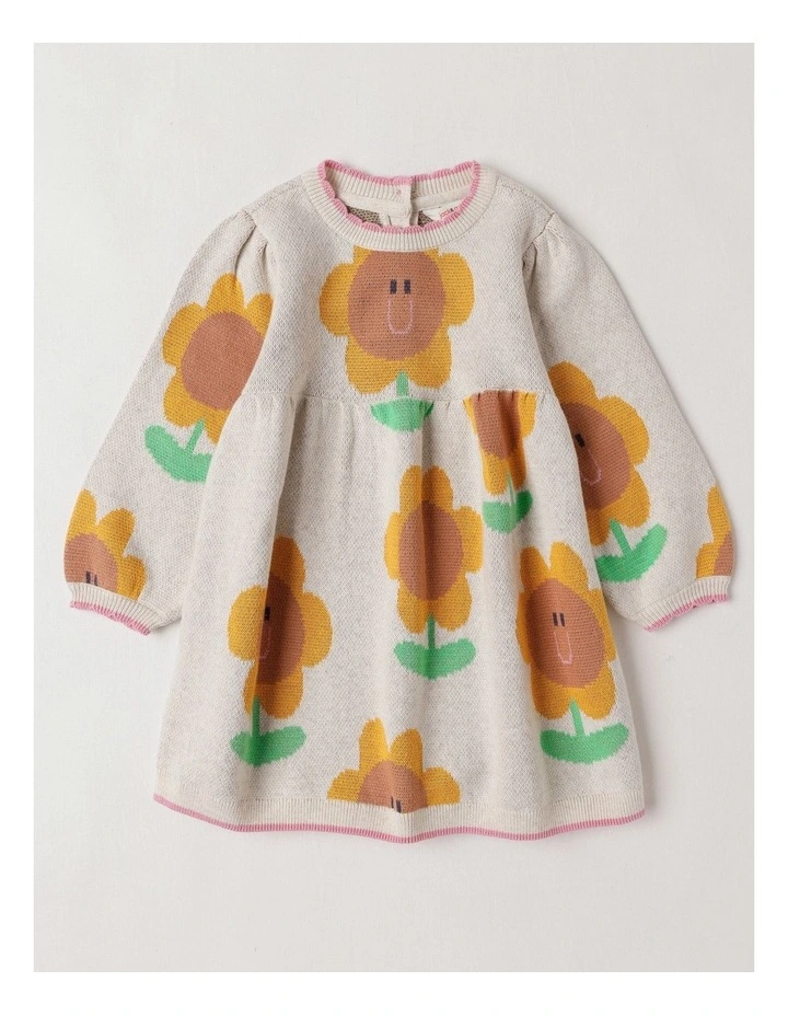 Sunny Double Knit Sunflower Jacquard Dress and Scallop Edges in Oatmeal image 1