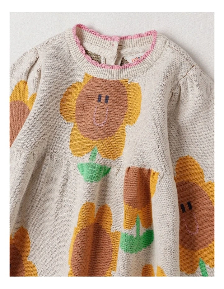Sunny Double Knit Sunflower Jacquard Dress and Scallop Edges in Oatmeal image 2