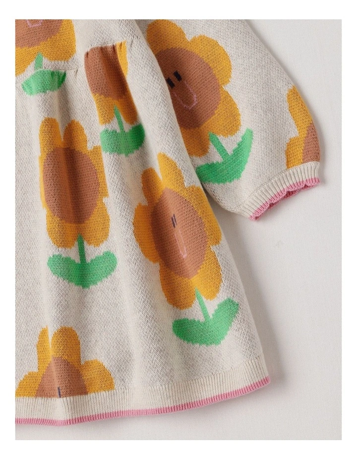 Sunny Double Knit Sunflower Jacquard Dress and Scallop Edges in Oatmeal image 4