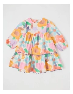 Libby Cotton Crepe Dress with Watercolour Floral Print and Ric Rac Trim in Assorted