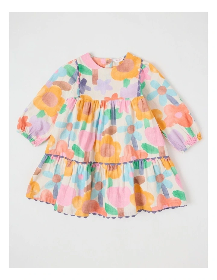 Libby Cotton Crepe Dress with Watercolour Floral Print and Ric Rac Trim in Assorted image 1