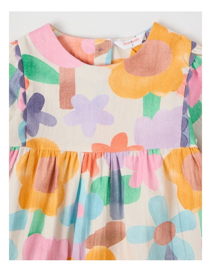 Libby Cotton Crepe Dress with Watercolour Floral Print and Ric Rac Trim in Assorted image 2