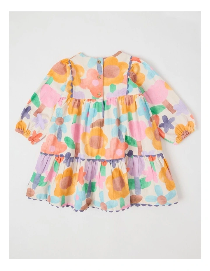 Libby Cotton Crepe Dress with Watercolour Floral Print and Ric Rac Trim in Assorted image 3