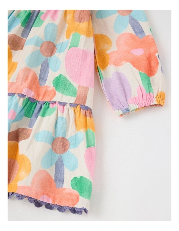 Libby Cotton Crepe Dress with Watercolour Floral Print and Ric Rac Trim in Assorted image 4