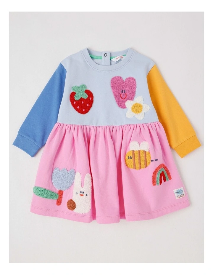 Clara Colourblocked French Terry Kinder Dress with Boucle Patches in Multi image 1