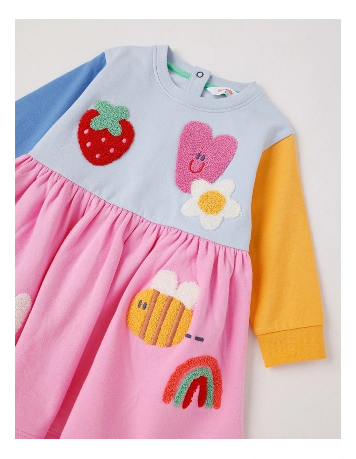 Clara Colourblocked French Terry Kinder Dress with Boucle Patches in Multi image 2