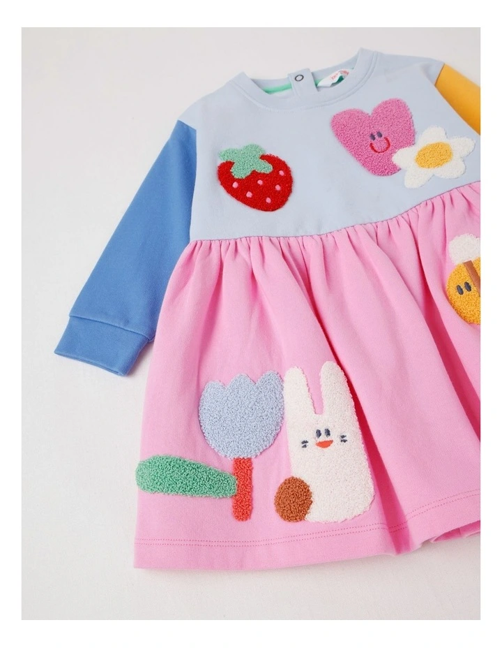 Clara Colourblocked French Terry Kinder Dress with Boucle Patches in Multi image 4