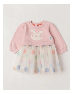 Lola Sweat Tutu Dress with Boucle Bunny and Printed Tulle Skirt in Pink