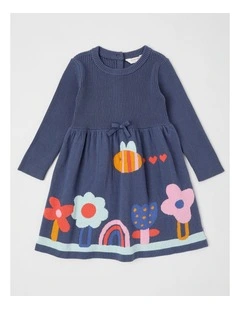 Kat Knitted Dress with Intarsia Flowers in Navy