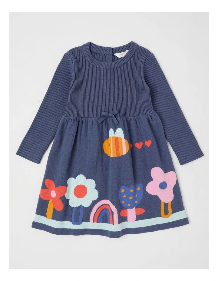 Kat Knitted Dress with Intarsia Flowers in Navy image 1