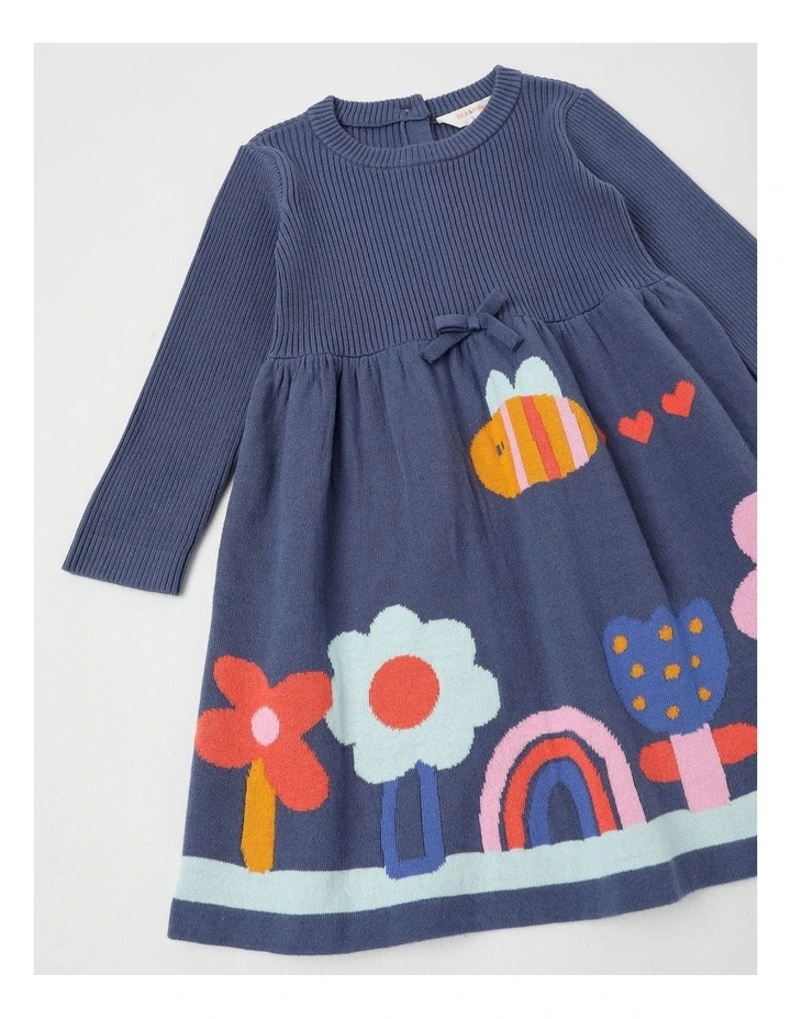 Kat Knitted Dress with Intarsia Flowers in Navy image 2