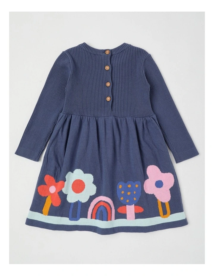 Kat Knitted Dress with Intarsia Flowers in Navy image 3