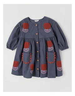 Gloria Baby Cord Dress with Embroidery in Navy
